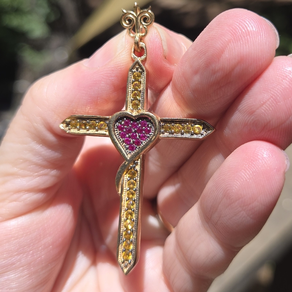 Citrine & Ruby Sterling & Gold Cross W/heart Pendant - Picture 4 of 9